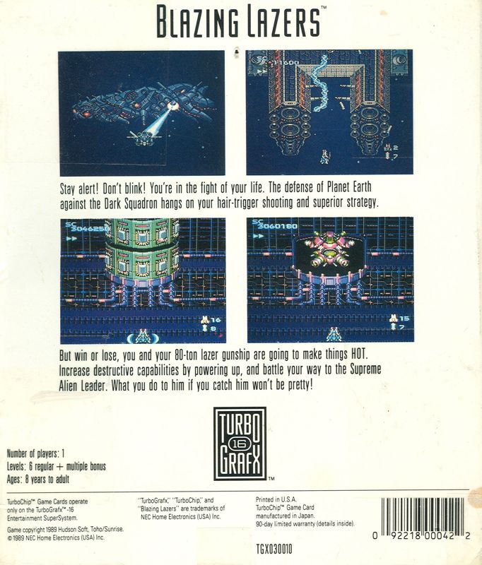 Blazing Lazers box art for TurboGrafx-16
